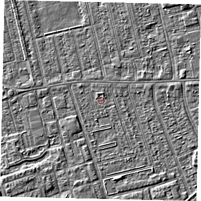 Shaded relief map of the ground around HU36SW, computed from Environment Agency LiDAR. The ground here sits at about 2 m above sea level and falls 5 m across the surrounding 800 m. Surface water reaching this point runs off ground lying to the north-north-east, 1.4 m higher.