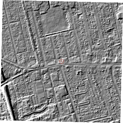 Shaded relief map of the ground around HU36SZ, computed from Environment Agency LiDAR. The ground here sits at about 2 m above sea level and falls 7 m across the surrounding 800 m. Surface water reaching this point runs off ground lying to the east-north-east, 0.7 m higher.