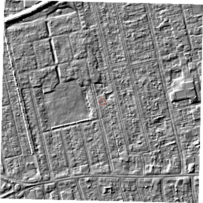 Shaded relief map of the ground around HU36TB, computed from Environment Agency LiDAR. The ground here sits at about 2 m above sea level and falls 7 m across the surrounding 800 m. Surface water reaching this point runs off ground lying to the south-east, 2.0 m higher.