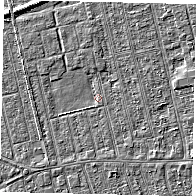 Shaded relief map of the ground around HU36TF, computed from Environment Agency LiDAR. The ground here sits at about 2 m above sea level and falls 7 m across the surrounding 800 m. Surface water reaching this point runs off ground lying to the south-east, 2.0 m higher.
