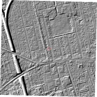 Shaded relief map of the ground around HU36TP, computed from Environment Agency LiDAR. The ground here sits at about 2 m above sea level and falls 8 m across the surrounding 800 m. Surface water reaching this point runs off ground lying to the south, 1.0 m higher.