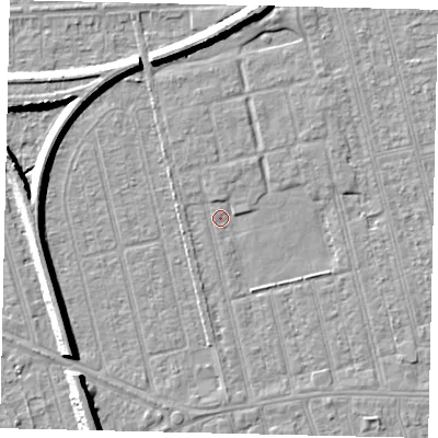 Shaded relief map of the ground around HU36TR, computed from Environment Agency LiDAR. The ground here sits at about 2 m above sea level and falls 7 m across the surrounding 800 m. Surface water reaching this point runs off ground lying to the west-north-west, 1.7 m higher.