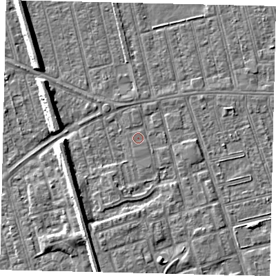 Shaded relief map of the ground around HU36UB, computed from Environment Agency LiDAR. The ground here sits at about 2 m above sea level and falls 8 m across the surrounding 800 m. Surface water reaching this point runs off ground lying to the east-south-east, 0.6 m higher.