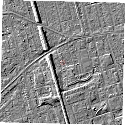 Shaded relief map of the ground around HU36UF, computed from Environment Agency LiDAR. The ground here sits at about 2 m above sea level and falls 8 m across the surrounding 800 m. Surface water reaching this point runs off ground lying to the south-south-west, 5.1 m higher.