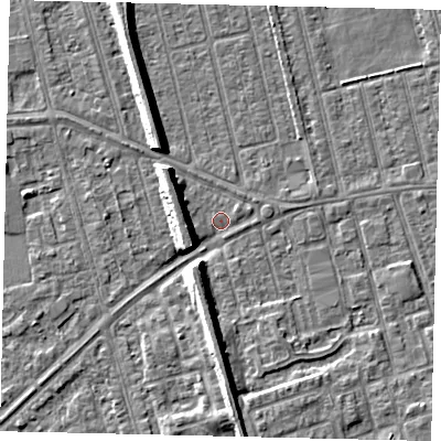 Shaded relief map of the ground around HU36UH, computed from Environment Agency LiDAR. The ground here sits at about 2 m above sea level and falls 8 m across the surrounding 800 m. Surface water reaching this point runs off ground lying to the north-west, 7.5 m higher.