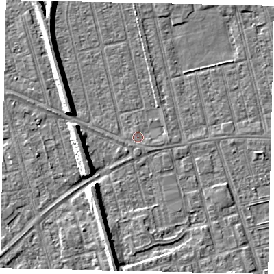 Shaded relief map of the ground around HU36UU, computed from Environment Agency LiDAR. The ground here sits at about 2 m above sea level and falls 8 m across the surrounding 800 m. The ground contributing surface water to this point lies to the east-south-east.