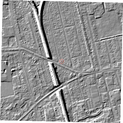 Shaded relief map of the ground around HU36UZ, computed from Environment Agency LiDAR. The ground here sits at about 2 m above sea level and falls 8 m across the surrounding 800 m. Surface water reaching this point runs off ground lying to the west-north-west, 6.5 m higher.