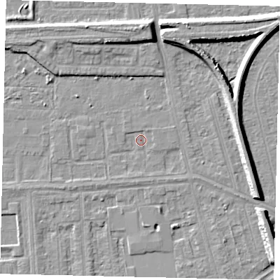Shaded relief map of the ground around HU46AE, computed from Environment Agency LiDAR. The ground here sits at about 2 m above sea level and falls 8 m across the surrounding 800 m. Surface water reaching this point runs off ground lying to the south, 1.3 m higher.
