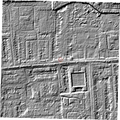 Shaded relief map of the ground around HU46AH, computed from Environment Agency LiDAR. The ground here sits at about 3 m above sea level and falls 4 m across the surrounding 800 m. Surface water reaching this point runs off ground lying to the west, 0.9 m higher.