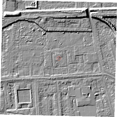 Shaded relief map of the ground around HU46AQ, computed from Environment Agency LiDAR. The ground here sits at about 2 m above sea level and falls 8 m across the surrounding 800 m. Surface water reaching this point runs off ground lying to the north, 0.8 m higher.