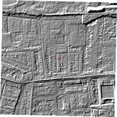 Shaded relief map of the ground around HU46AS, computed from Environment Agency LiDAR. The ground here sits at about 2 m above sea level and falls 6 m across the surrounding 800 m. Surface water reaching this point runs off ground lying to the south-south-west, 1.6 m higher.