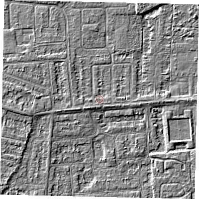 Shaded relief map of the ground around HU46AT, computed from Environment Agency LiDAR. The ground here sits at about 3 m above sea level and falls 3 m across the surrounding 800 m. Surface water reaching this point runs off ground lying to the south-west, 1.1 m higher.