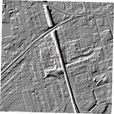 Shaded relief map of the ground around HU46AY, computed from Environment Agency LiDAR. The ground here sits at about 4 m above sea level and falls 8 m across the surrounding 800 m. Surface water reaching this point runs off ground lying to the east-north-east, 3.4 m higher.