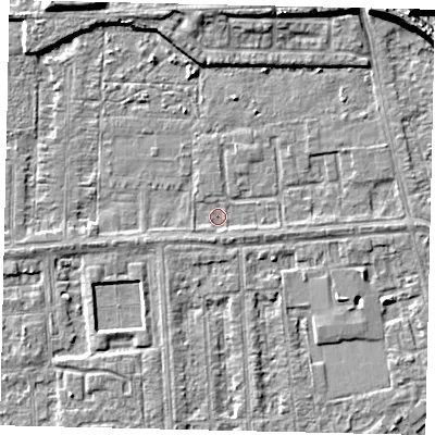 Shaded relief map of the ground around HU46AZ, computed from Environment Agency LiDAR. The ground here sits at about 2 m above sea level and falls 8 m across the surrounding 800 m. Surface water reaching this point runs off ground lying to the south, 1.4 m higher.