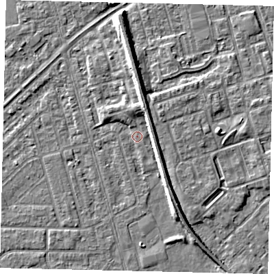 Shaded relief map of the ground around HU46BA, computed from Environment Agency LiDAR. The ground here sits at about 3 m above sea level and falls 7 m across the surrounding 800 m. Surface water reaching this point runs off ground lying to the north, 3.0 m higher.