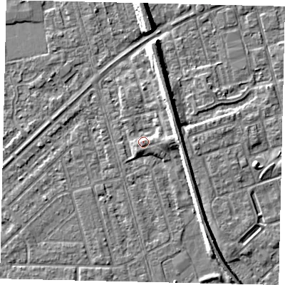 Shaded relief map of the ground around HU46BD, computed from Environment Agency LiDAR. The ground here sits at about 4 m above sea level and falls 7 m across the surrounding 800 m. Surface water reaching this point runs off ground lying to the east-north-east, 1.8 m higher.