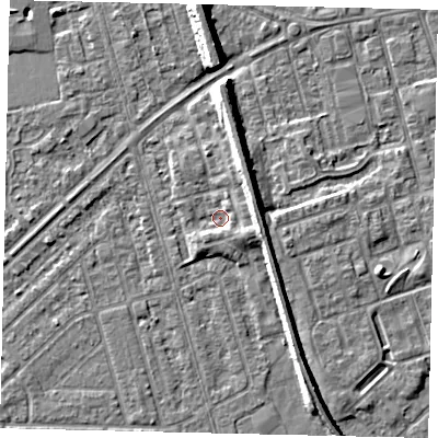 Shaded relief map of the ground around HU46BE, computed from Environment Agency LiDAR. The ground here sits at about 3 m above sea level and falls 7 m across the surrounding 800 m. Surface water reaching this point runs off ground lying to the south-east, 1.8 m higher.