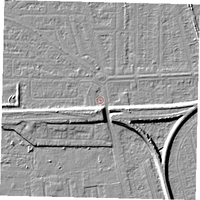Shaded relief map of the ground around HU46BH, computed from Environment Agency LiDAR. The ground here sits at about 2 m above sea level and falls 7 m across the surrounding 800 m. Surface water reaching this point runs off ground lying to the south-south-west, 6.1 m higher.