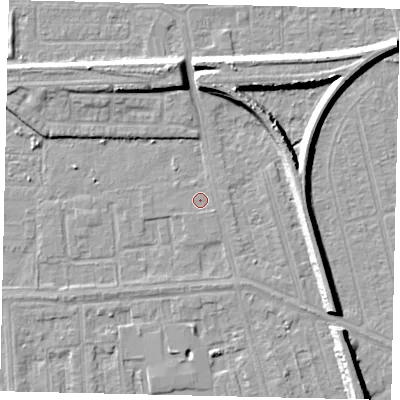 Shaded relief map of the ground around HU46BL, computed from Environment Agency LiDAR. The ground here sits at about 2 m above sea level and falls 8 m across the surrounding 800 m. Surface water reaching this point runs off ground lying to the south-east, 0.6 m higher.