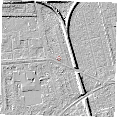 Shaded relief map of the ground around HU46BP, computed from Environment Agency LiDAR. The ground here sits at about 3 m above sea level and falls 8 m across the surrounding 800 m. Surface water reaching this point runs off ground lying to the east, 0.6 m higher.