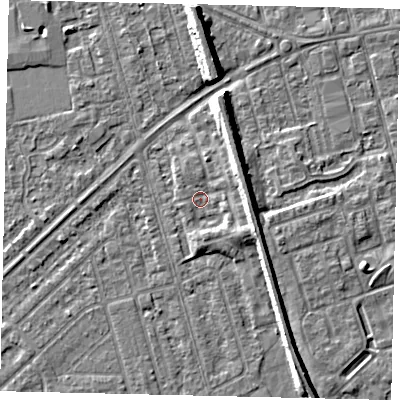 Shaded relief map of the ground around HU46BQ, computed from Environment Agency LiDAR. The ground here sits at about 3 m above sea level and falls 8 m across the surrounding 800 m. Surface water reaching this point runs off ground lying to the east-north-east, 4.3 m higher.