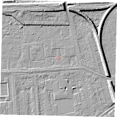 Shaded relief map of the ground around HU46BS, computed from Environment Agency LiDAR. The ground here sits at about 2 m above sea level and falls 8 m across the surrounding 800 m. Surface water reaching this point runs off ground lying to the south, 1.3 m higher.