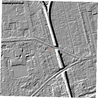 Shaded relief map of the ground around HU46BX, computed from Environment Agency LiDAR. The ground here sits at about 2 m above sea level and falls 8 m across the surrounding 800 m. Surface water reaching this point runs off ground lying to the east, 6.7 m higher.