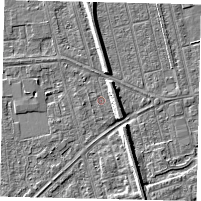 Shaded relief map of the ground around HU46BY, computed from Environment Agency LiDAR. The ground here sits at about 2 m above sea level and falls 8 m across the surrounding 800 m. Surface water reaching this point runs off ground lying to the north-north-east, 6.7 m higher.