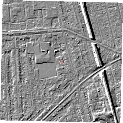 Shaded relief map of the ground around HU46DB, computed from Environment Agency LiDAR. The ground here sits at about 2 m above sea level and falls 8 m across the surrounding 800 m. Surface water reaching this point runs off ground lying to the south-south-west, 1.2 m higher.