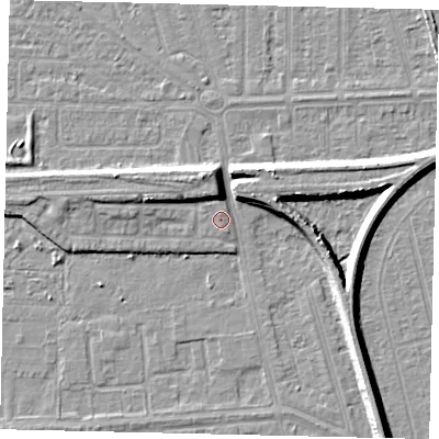 Shaded relief map of the ground around HU46DF, computed from Environment Agency LiDAR. The ground here sits at about 3 m above sea level and falls 7 m across the surrounding 800 m. The ground contributing surface water to this point lies to the north-west.