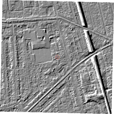 Shaded relief map of the ground around HU46DG, computed from Environment Agency LiDAR. The ground here sits at about 2 m above sea level and falls 8 m across the surrounding 800 m. Surface water reaching this point runs off ground lying to the south-south-west, 0.6 m higher.