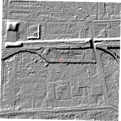 Shaded relief map of the ground around HU46DH, computed from Environment Agency LiDAR. The ground here sits at about 3 m above sea level and falls 7 m across the surrounding 800 m. Surface water reaching this point runs off ground lying to the north, 2.6 m higher.