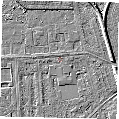 Shaded relief map of the ground around HU46DJ, computed from Environment Agency LiDAR. The ground here sits at about 2 m above sea level and falls 8 m across the surrounding 800 m. Surface water reaching this point runs off ground lying to the south-south-east, 1.5 m higher.