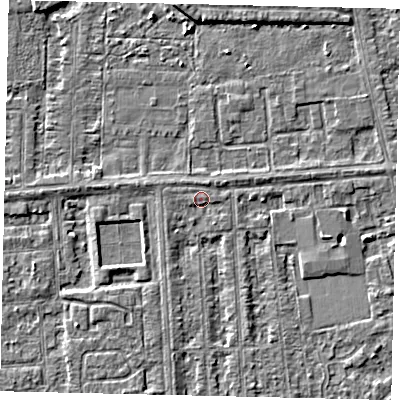 Shaded relief map of the ground around HU46DL, computed from Environment Agency LiDAR. The ground here sits at about 2 m above sea level and falls 3 m across the surrounding 800 m. Surface water reaching this point runs off ground lying to the north, 0.6 m higher.