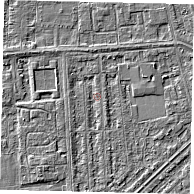 Shaded relief map of the ground around HU46DN, computed from Environment Agency LiDAR. The ground here sits at about 2 m above sea level and falls 3 m across the surrounding 800 m. Surface water reaching this point runs off ground lying to the west-south-west, 1.3 m higher.