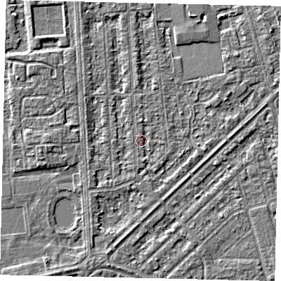 Shaded relief map of the ground around HU46DP, computed from Environment Agency LiDAR. The ground here sits at about 2 m above sea level and falls 3 m across the surrounding 800 m. Surface water reaching this point runs off ground lying to the north, 1.0 m higher.