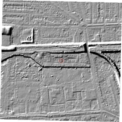 Shaded relief map of the ground around HU46DQ, computed from Environment Agency LiDAR. The ground here sits at about 4 m above sea level and falls 7 m across the surrounding 800 m. Surface water reaching this point runs off ground lying to the north-north-west, 2.7 m higher.