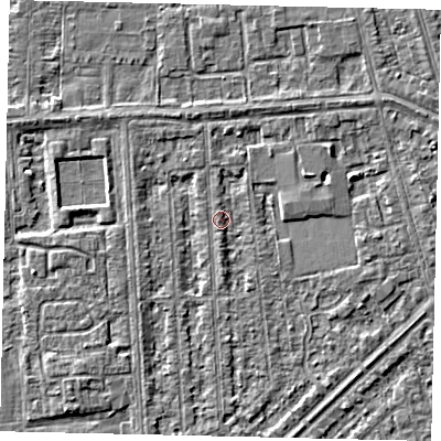 Shaded relief map of the ground around HU46DR, computed from Environment Agency LiDAR. The ground here sits at about 3 m above sea level and falls 3 m across the surrounding 800 m. Surface water reaching this point runs off ground lying to the south, 1.2 m higher.