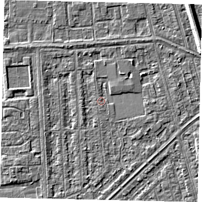 Shaded relief map of the ground around HU46DS, computed from Environment Agency LiDAR. The ground here sits at about 2 m above sea level and falls 8 m across the surrounding 800 m. Surface water reaching this point runs off ground lying to the east-north-east, 2.2 m higher.