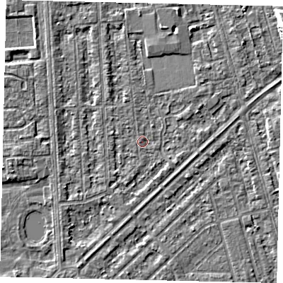 Shaded relief map of the ground around HU46DU, computed from Environment Agency LiDAR. The ground here sits at about 2 m above sea level and falls 8 m across the surrounding 800 m. Surface water reaching this point runs off ground lying to the south-south-east, 1.2 m higher.