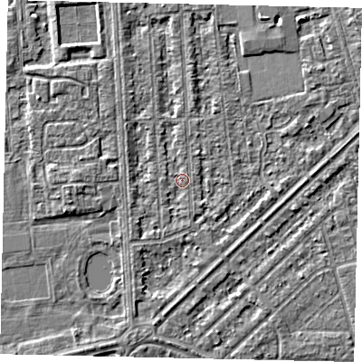 Shaded relief map of the ground around HU46DW, computed from Environment Agency LiDAR. The ground here sits at about 2 m above sea level and falls 3 m across the surrounding 800 m. Surface water reaching this point runs off ground lying to the south-west, 1.3 m higher.