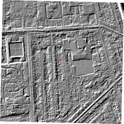 Shaded relief map of the ground around HU46DX, computed from Environment Agency LiDAR. The ground here sits at about 2 m above sea level and falls 7 m across the surrounding 800 m. Surface water reaching this point runs off ground lying to the south, 1.2 m higher.