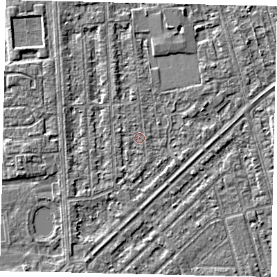 Shaded relief map of the ground around HU46DY, computed from Environment Agency LiDAR. The ground here sits at about 2 m above sea level and falls 3 m across the surrounding 800 m. Surface water reaching this point runs off ground lying to the west-north-west, 1.0 m higher.