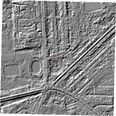 Shaded relief map of the ground around HU46DZ, computed from Environment Agency LiDAR. The ground here sits at about 2 m above sea level and falls 2 m across the surrounding 800 m. Surface water reaching this point runs off ground lying to the west, 0.9 m higher.