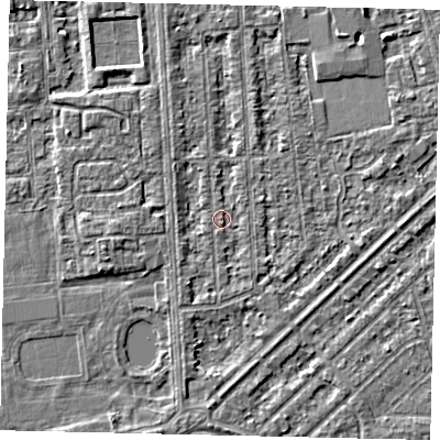 Shaded relief map of the ground around HU46EB, computed from Environment Agency LiDAR. The ground here sits at about 2 m above sea level and falls 3 m across the surrounding 800 m. Surface water reaching this point runs off ground lying to the south-south-west, 1.3 m higher.