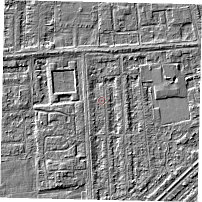 Shaded relief map of the ground around HU46ED, computed from Environment Agency LiDAR. The ground here sits at about 2 m above sea level and falls 3 m across the surrounding 800 m. Surface water reaching this point runs off ground lying to the south-west, 1.3 m higher.