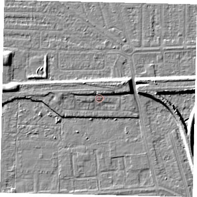 Shaded relief map of the ground around HU46EF, computed from Environment Agency LiDAR. The ground here sits at about 4 m above sea level and falls 7 m across the surrounding 800 m. Surface water reaching this point runs off ground lying to the north-north-east, 3.1 m higher.