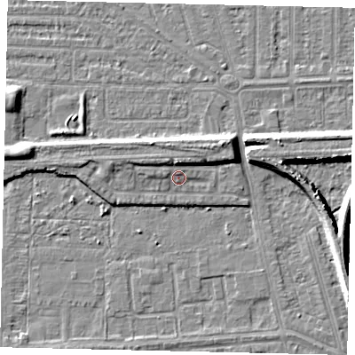 Shaded relief map of the ground around HU46EG, computed from Environment Agency LiDAR. The ground here sits at about 4 m above sea level and falls 7 m across the surrounding 800 m. Surface water reaching this point runs off ground lying to the north, 2.9 m higher.