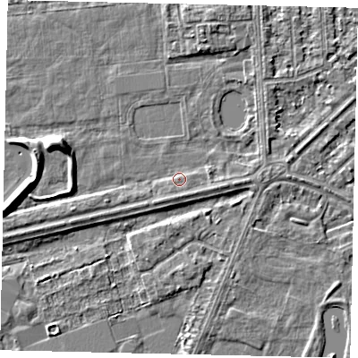 Shaded relief map of the ground around HU46EL, computed from Environment Agency LiDAR. The ground here sits at about 2 m above sea level and falls 5 m across the surrounding 800 m. Surface water reaching this point runs off ground lying to the east-south-east, 0.9 m higher.