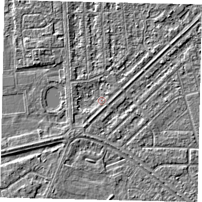 Shaded relief map of the ground around HU46EN, computed from Environment Agency LiDAR. The ground here sits at about 2 m above sea level and falls 2 m across the surrounding 800 m. Surface water reaching this point runs off ground lying to the south-west, 1.4 m higher.
